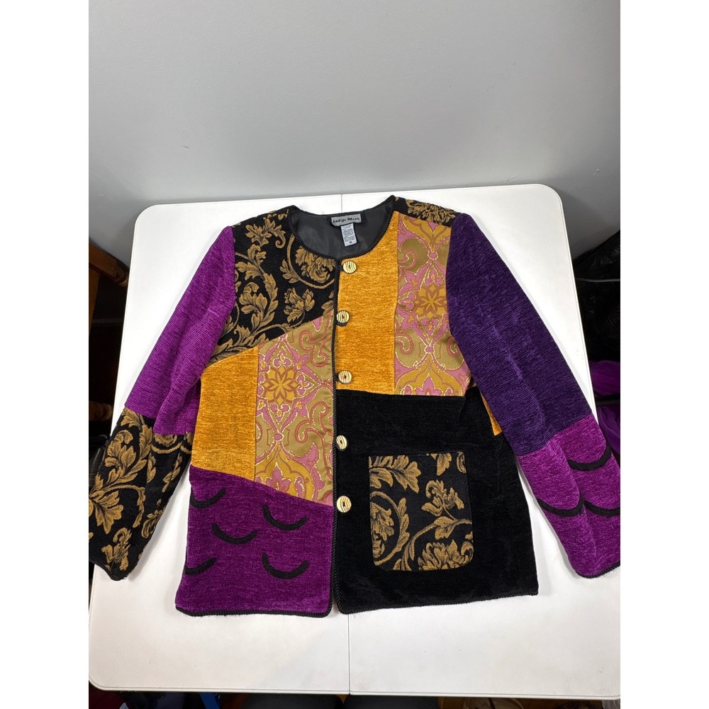 Indigo Moon Patchwork Chenille Jacket Womens M Art To Wear Purple Gold